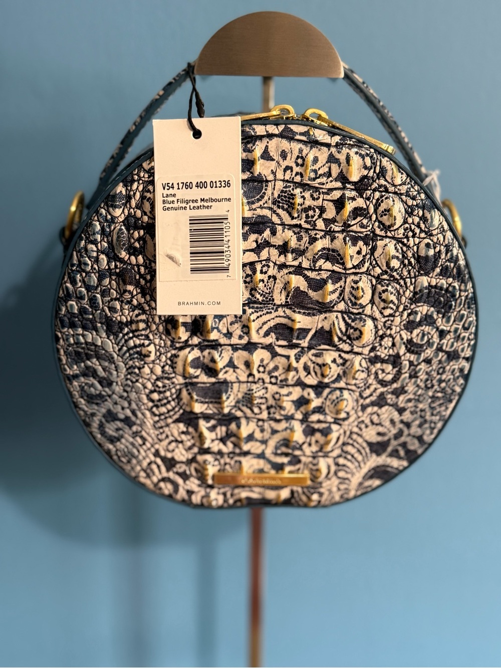 Brahmin Lane Blue Filigree Melbourne Leather Round Crossbody Bag